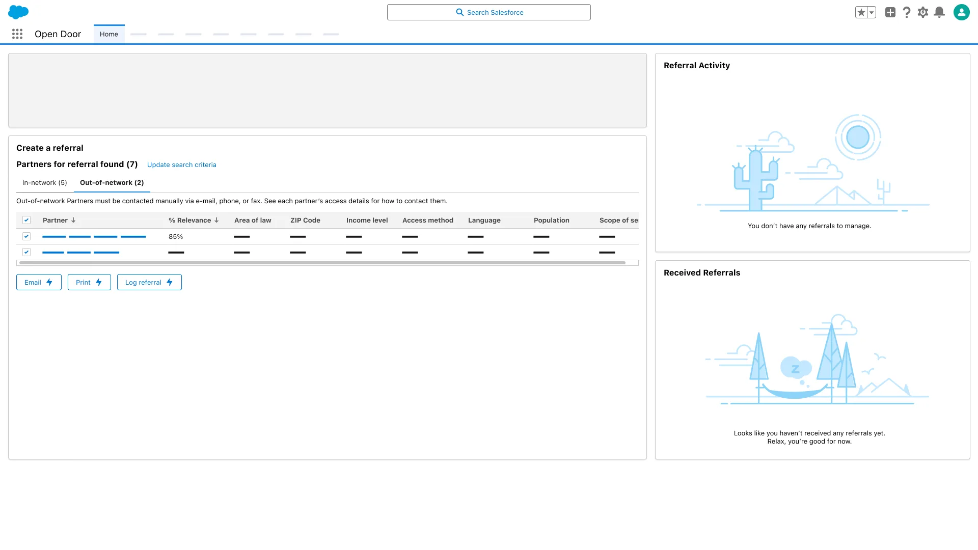 Create a referral screen; Out-of-network tab selected; partner table with Relevance, Area of law, ZIP Code, and Access method columns.
