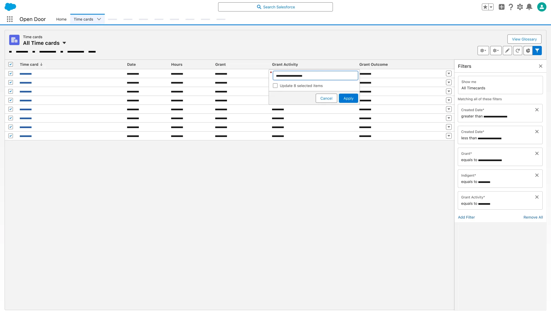 Time cards list view; Filters panel open; Grant Activity column popover reads Update 8 selected items.