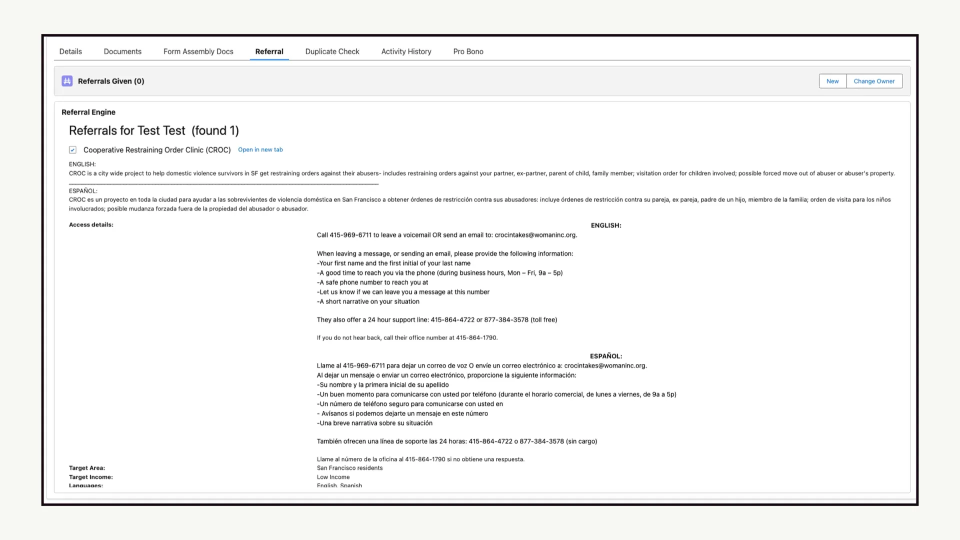 Referral tab, Referral Engine; Cooperative Restraining Order Clinic listed with English and Español access details.