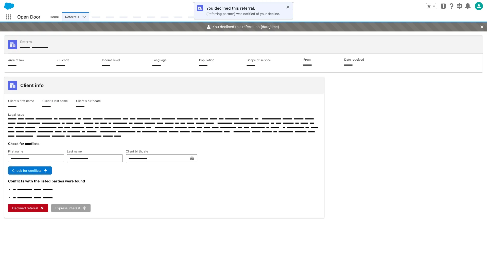 Referral Client info; Check for conflicts fields filled; message Conflicts with the listed parties were found; Declined referral button shown.