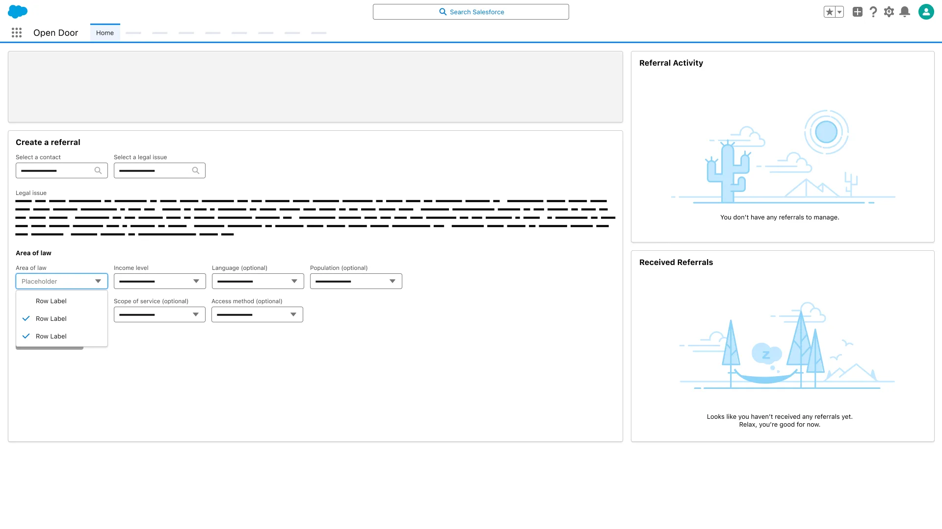Create a referral form; Select a contact and Select a legal issue fields; Area of law dropdown expanded.