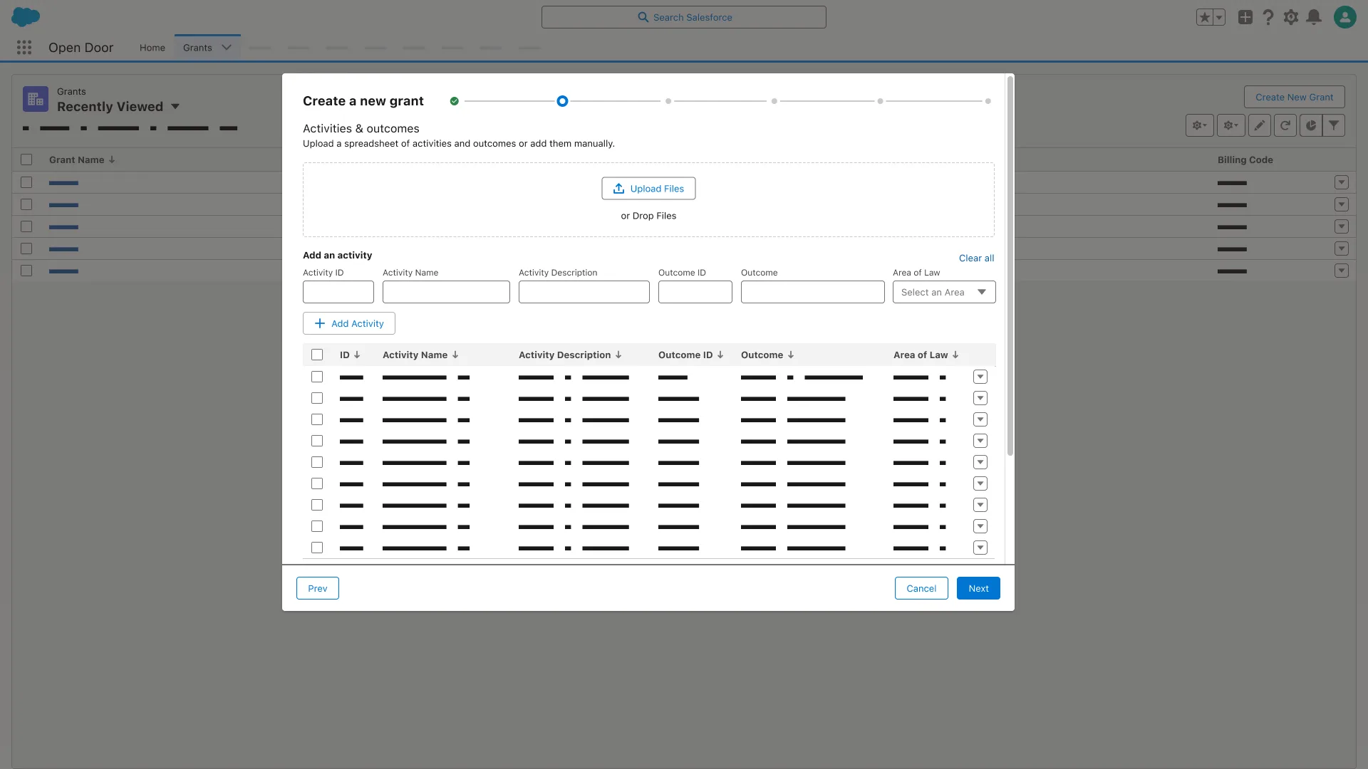 Create a new grant, Activities and outcomes step; Upload Files area; table columns Activity ID, Activity Name, Outcome, and Area of Law.