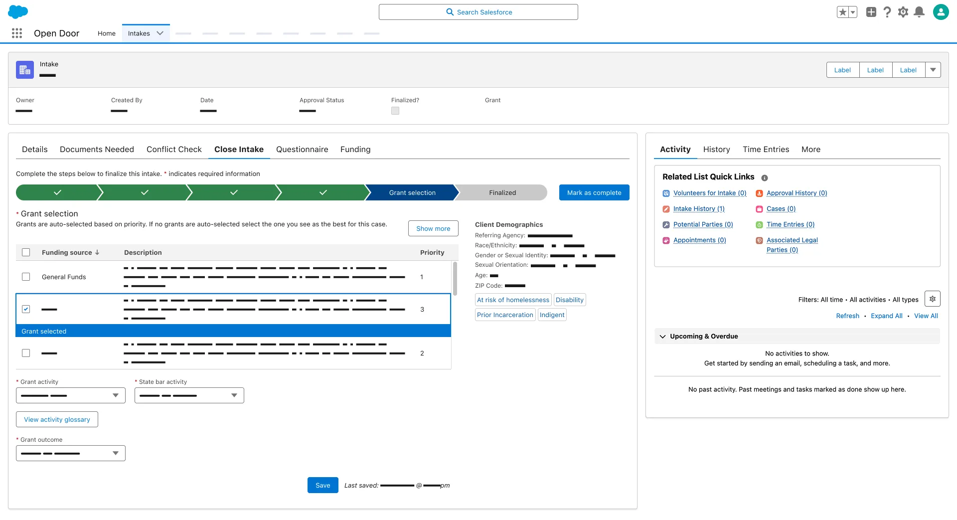 Grant selection step; one funding source row checked and labeled Grant selected; Grant activity and State bar activity dropdowns required.