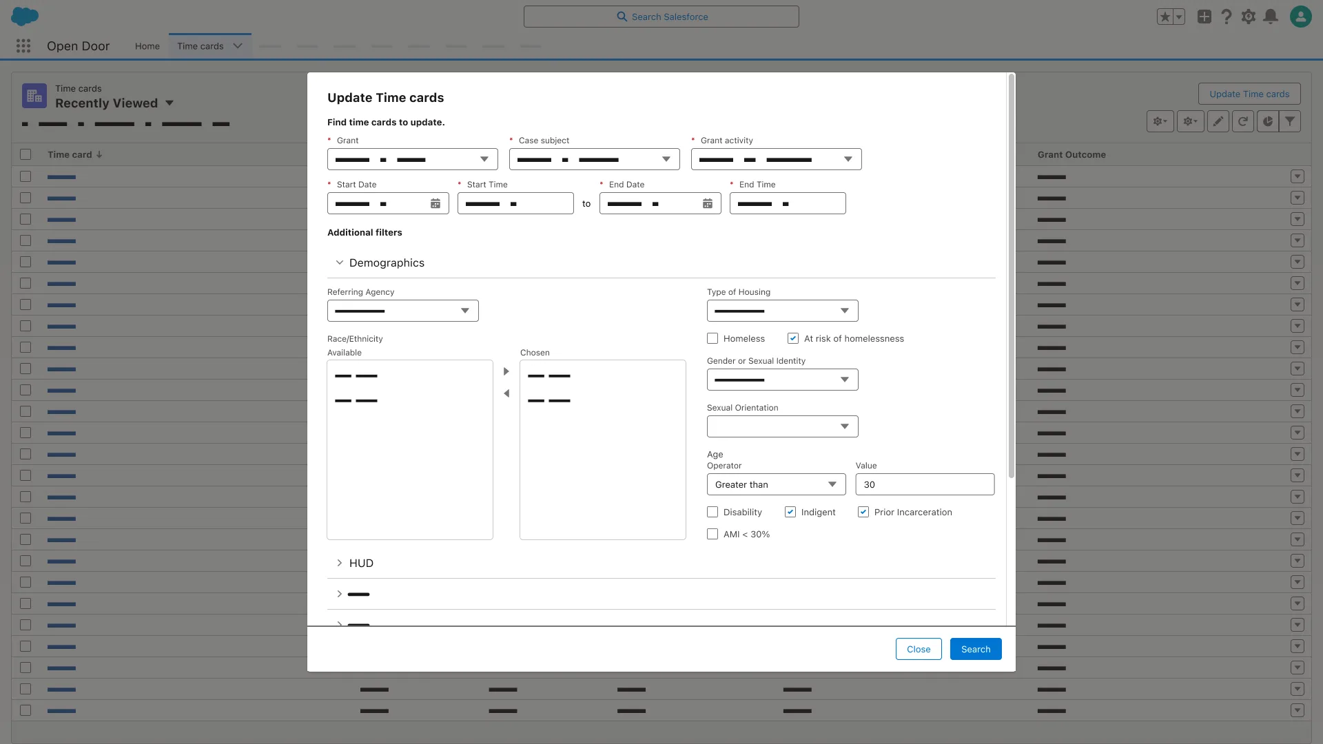 Update Time cards search dialog; Demographics filters expanded; Indigent and Prior Incarceration checked; Search button.