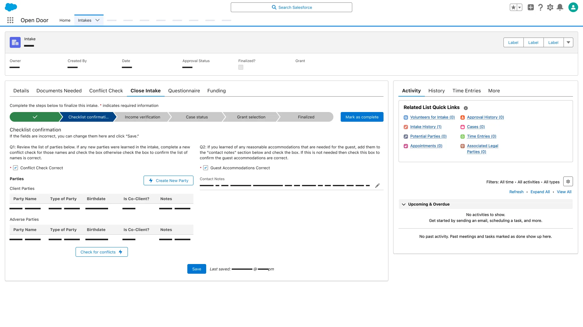 Checklist confirmation step; Conflict Check Correct and Guest Accommodations Correct checked; Client Parties and Adverse Parties tables.
