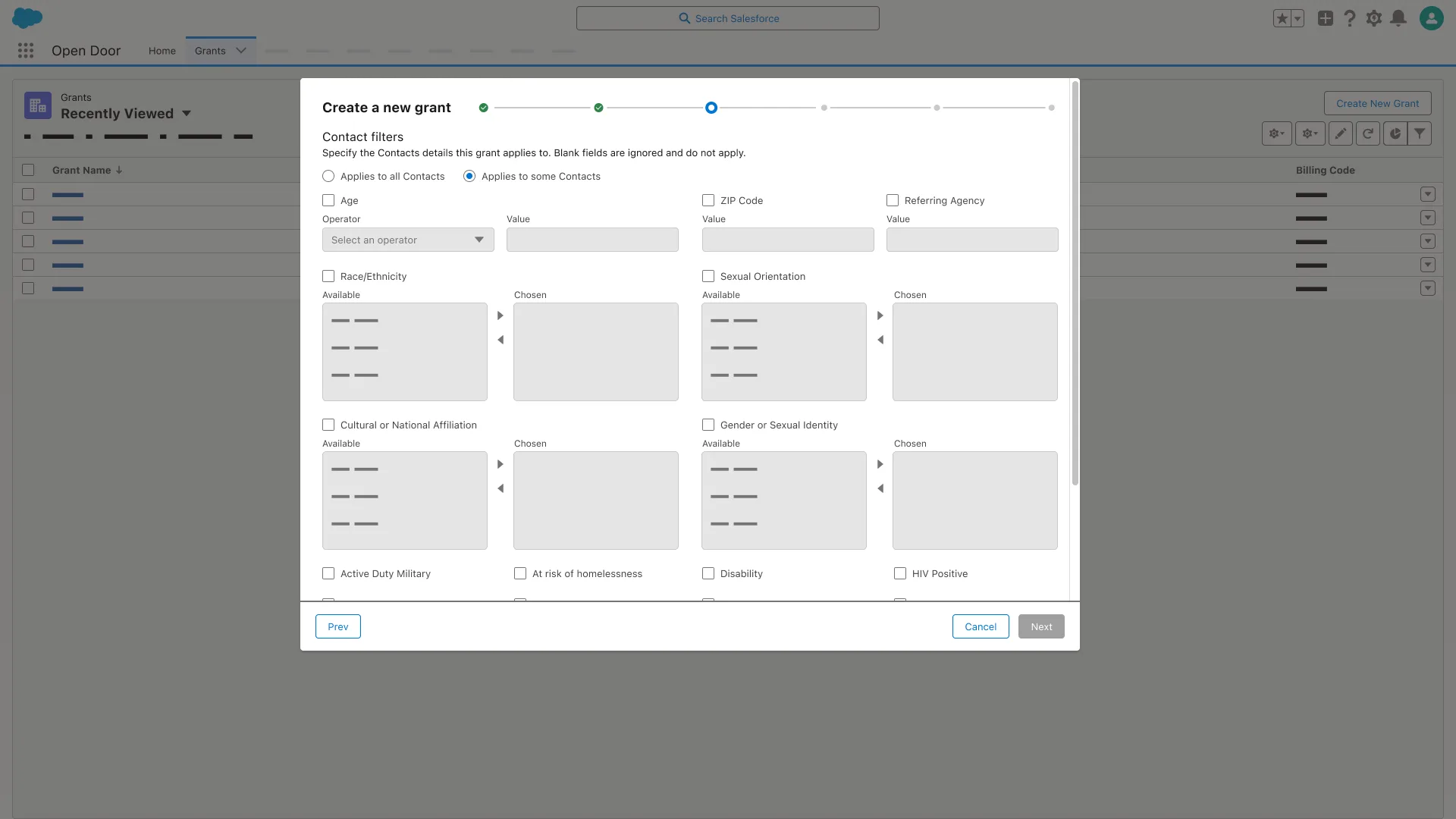 Create a new grant dialog, Contact filters step; Applies to some Contacts selected; Age, ZIP Code, and Race/Ethnicity filter fields.