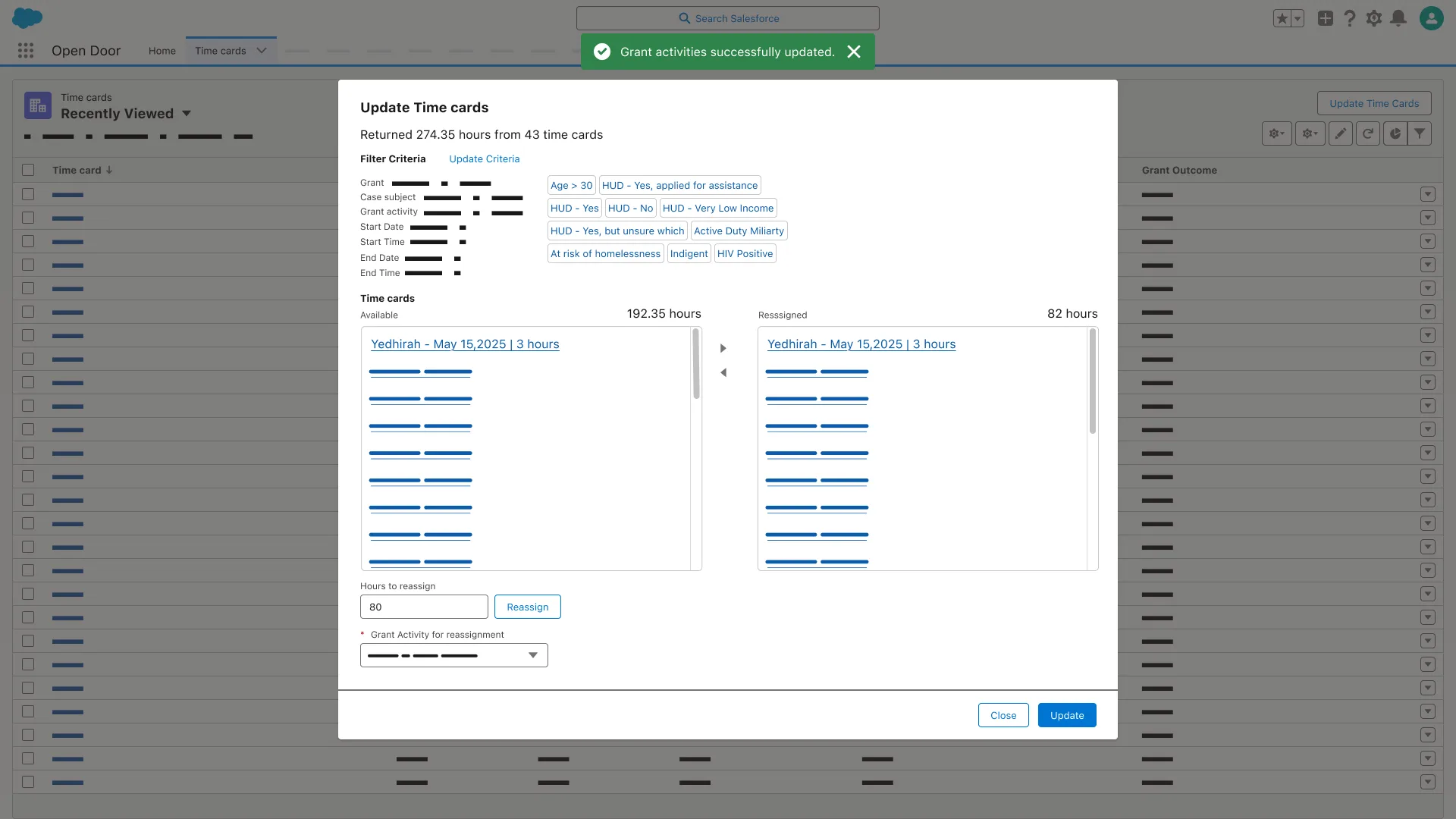 Update Time cards dialog; Returned 274.35 hours from 43 time cards; Available and Reassigned lists; Hours to reassign 80.