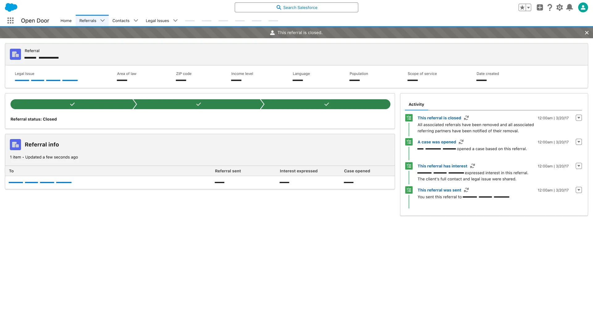 Referral record; banner reads This referral is closed; Referral status Closed; activity log with sent, interest, case opened, and closed entries.