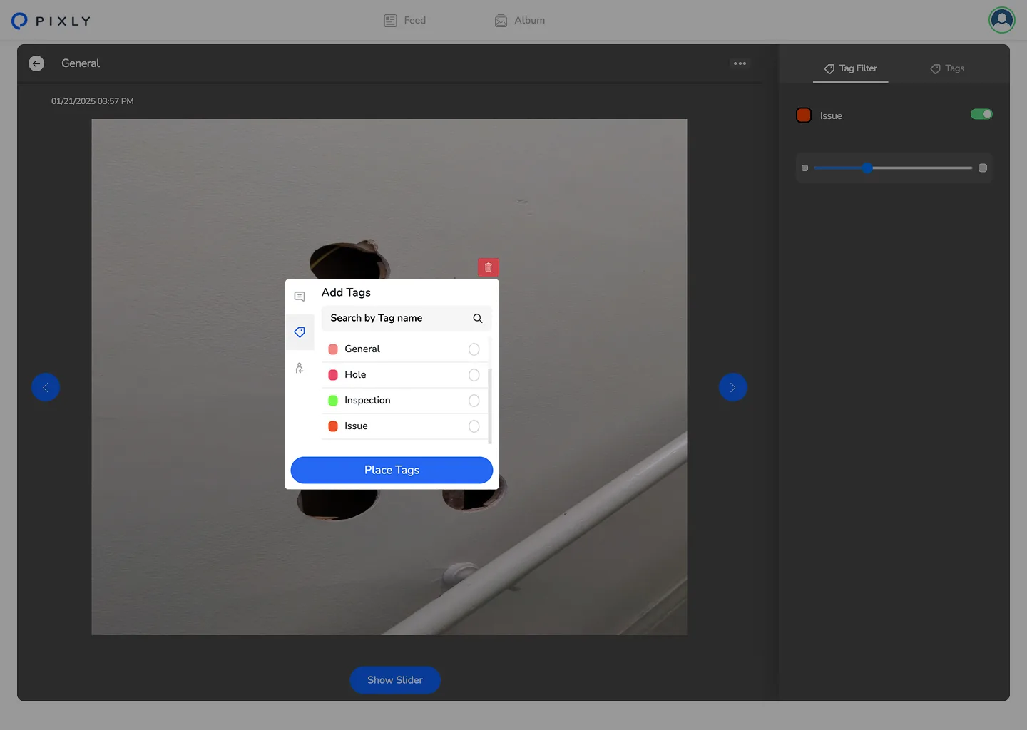 Pixly Add Tags dialog on site photo; tag options General, Hole, Inspection, and Issue; Place Tags button.