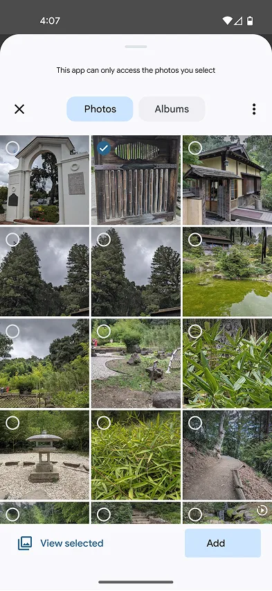 Android photo picker, Photos tab; one gate thumbnail selected; Add button at bottom.