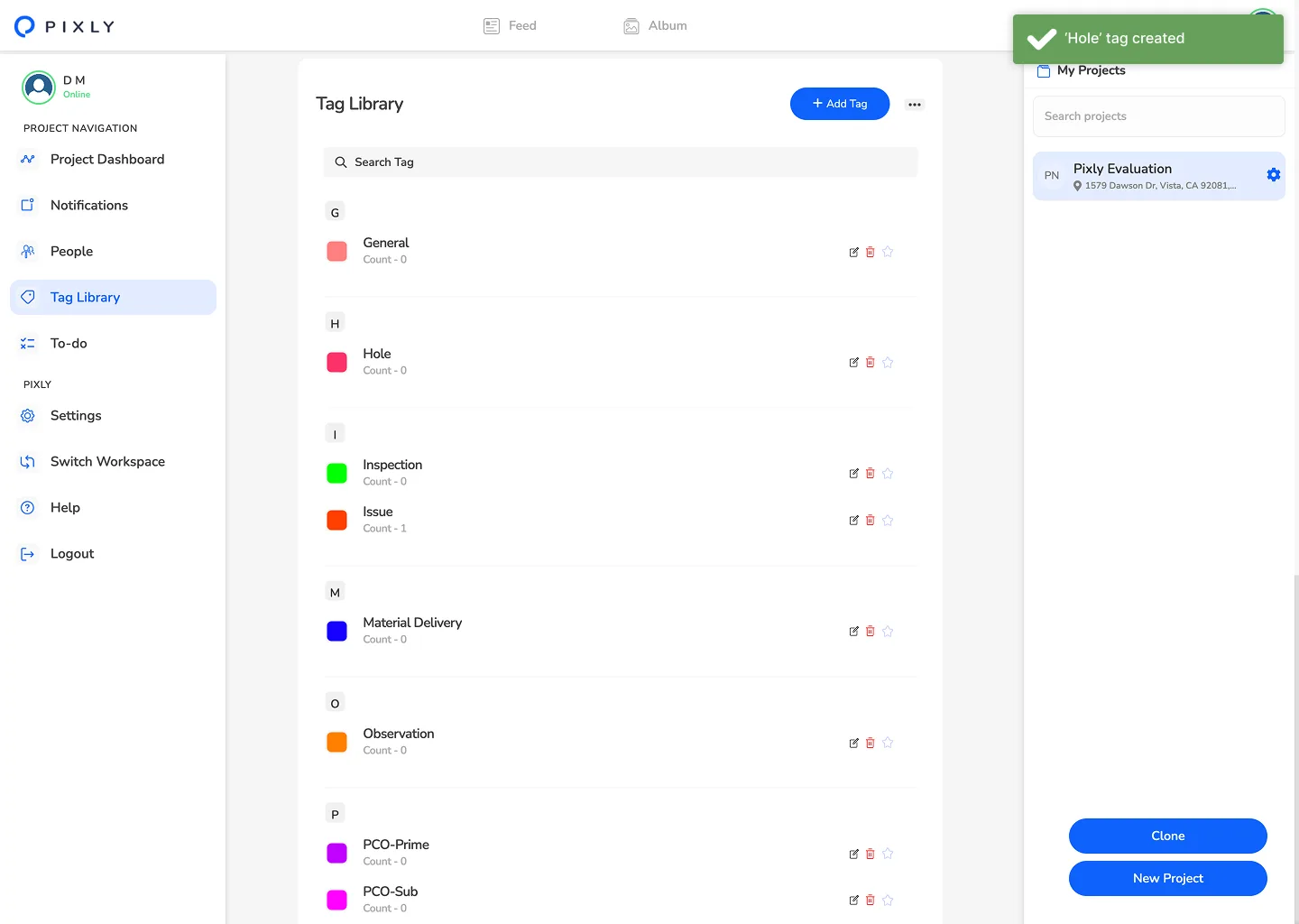 Pixly Tag Library listing General, Hole, Inspection, Issue, Material Delivery, Observation, PCO-Prime, and PCO-Sub with counts.