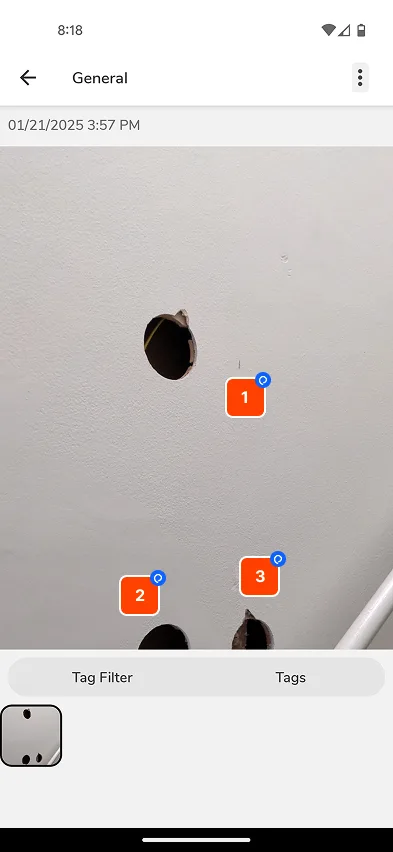 Pixly mobile photo of wall holes with Issue tags numbered 1, 2, and 3; Tag Filter and Tags tabs below.