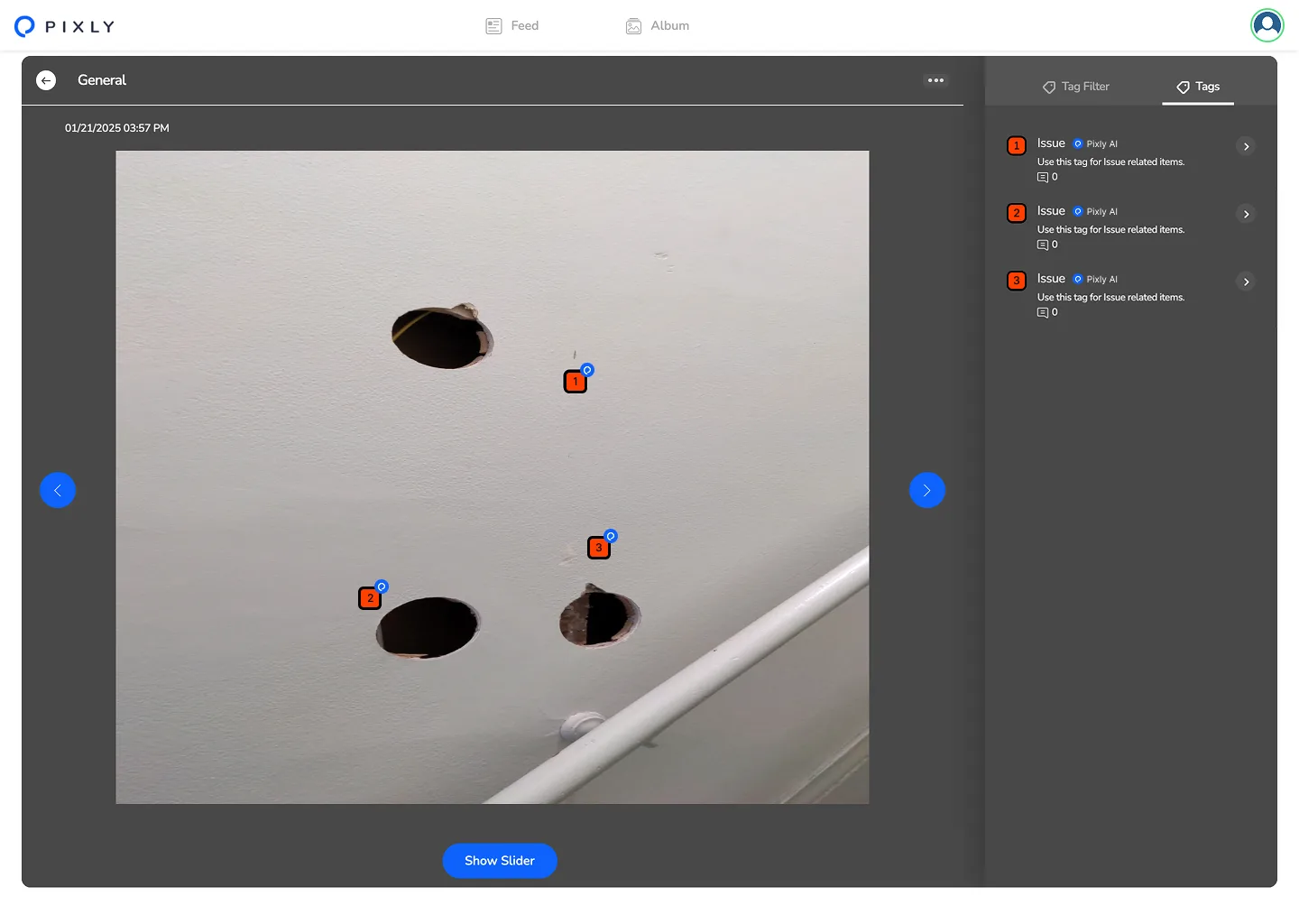 Pixly desktop photo viewer; Issue tags 1–3 on wall photo; Tags list shows Issue, Pixly AI, for each item.
