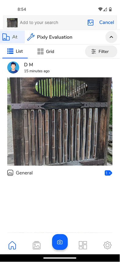 Pixly mobile search field reading Add to your search; feed post shows gate photo labeled General, tag count 1.