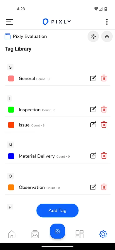 Pixly mobile Tag Library for Pixly Evaluation; Issue listed with Count - 3; Add Tag button.
