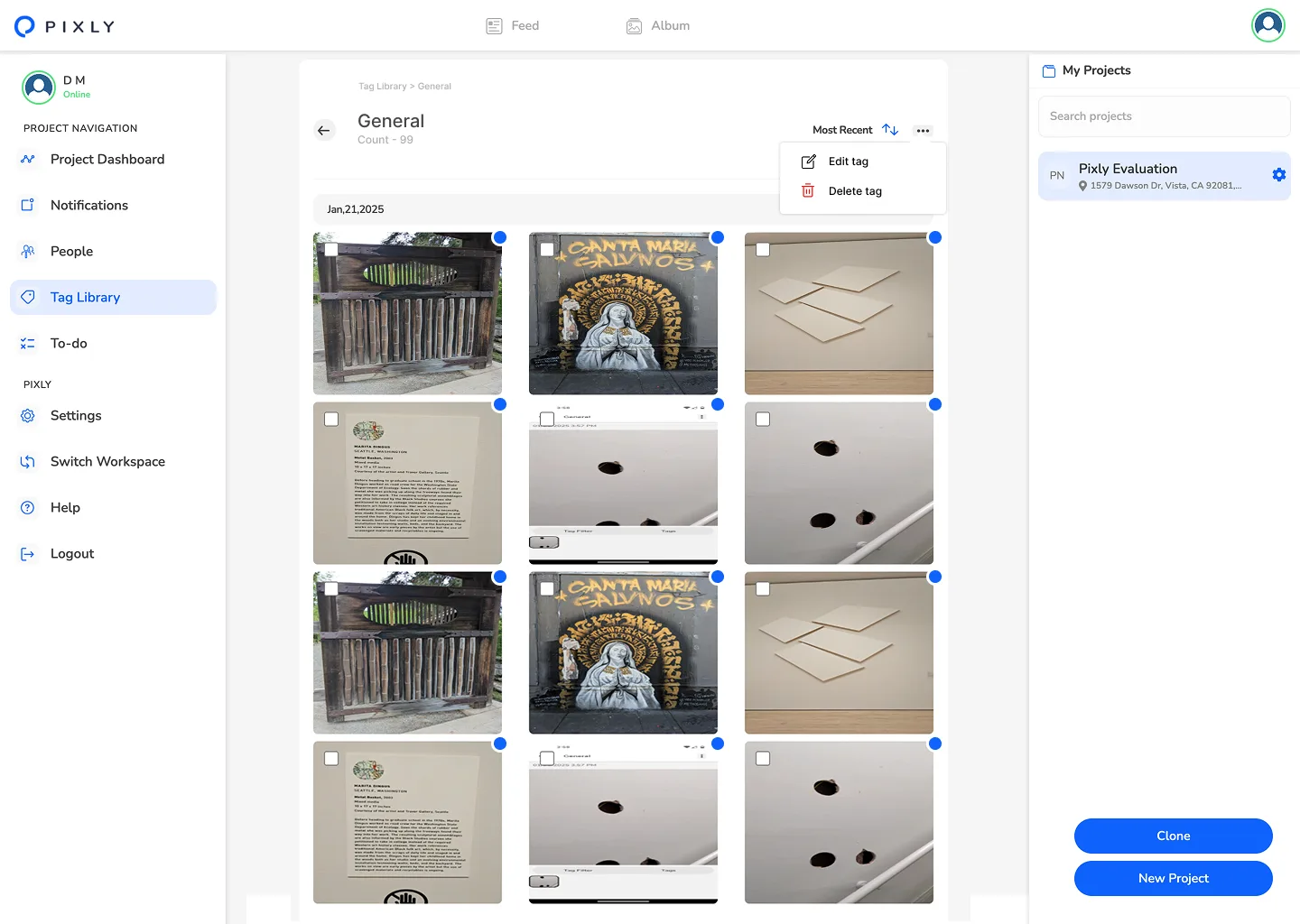 Pixly Tag Library General view, count 99; menu open with Edit tag and Delete tag options.