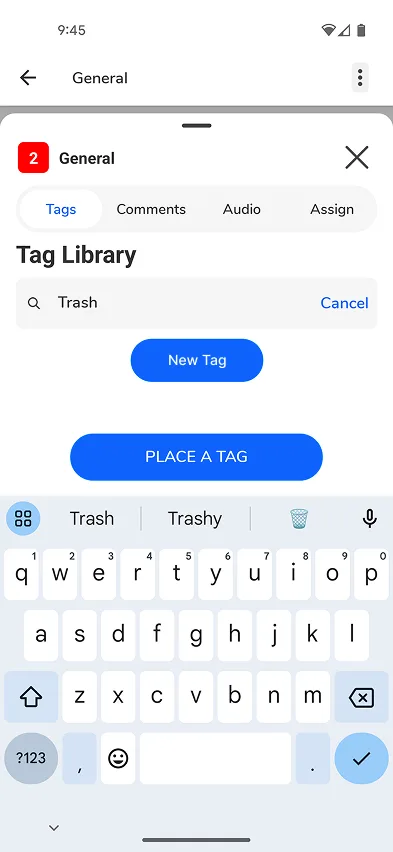 Pixly mobile Tag Library with Trash in search field; Place a Tag button; keyboard visible.