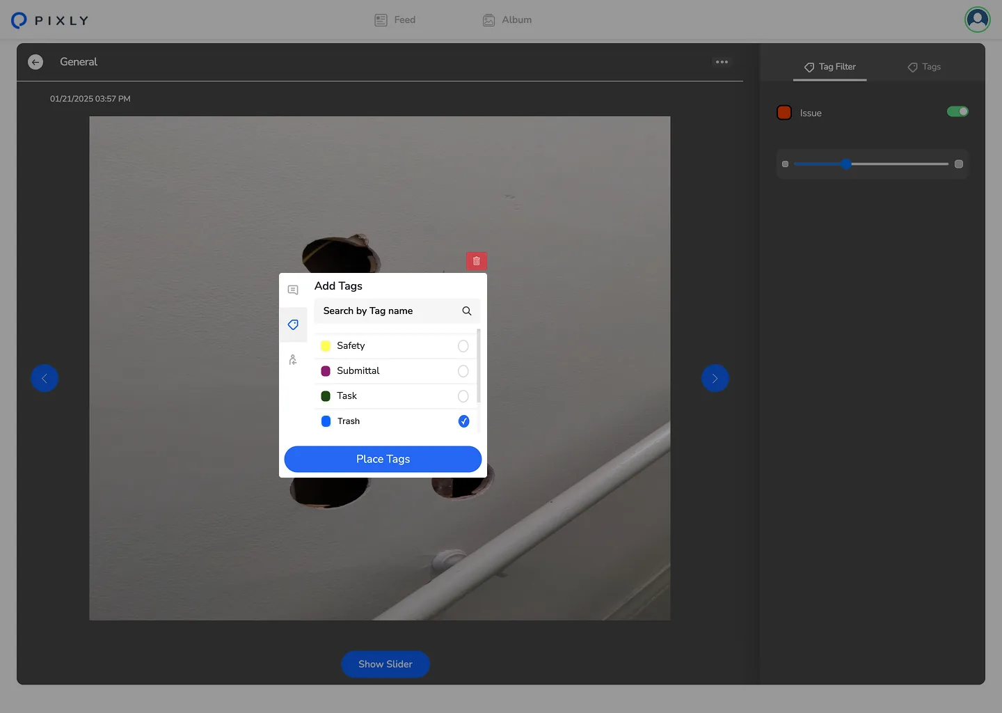 Pixly Add Tags panel with Safety, Submittal, Task, and Trash options; Trash selected; Place Tags button.