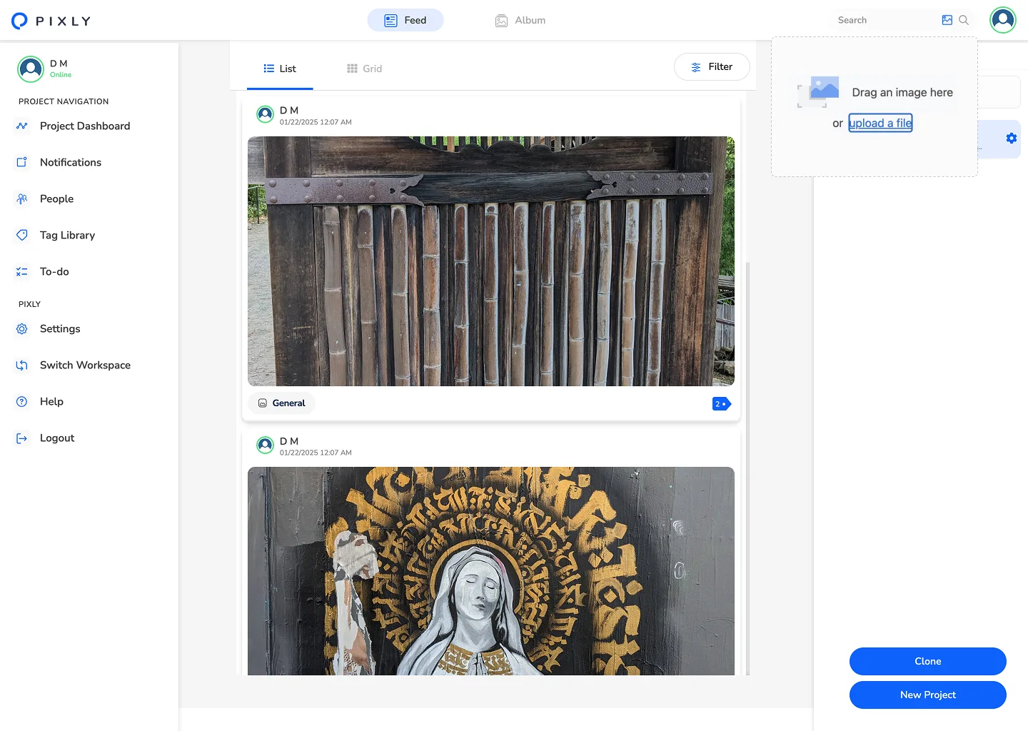 Pixly Feed with List view selected, search bar, and two posts dated 01/22/2025 labeled General.