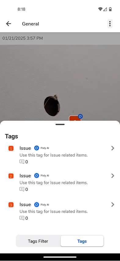 Pixly mobile Tags sheet on site photo; three Issue rows labeled Pixly AI.