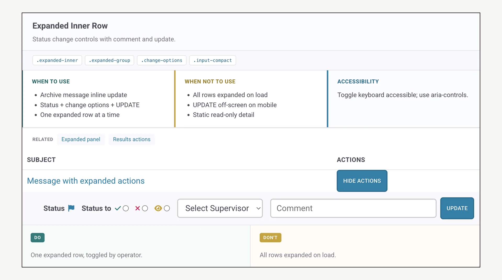 Expanded table-row pattern doc with usage rules, accessibility notes, and a status-change example.