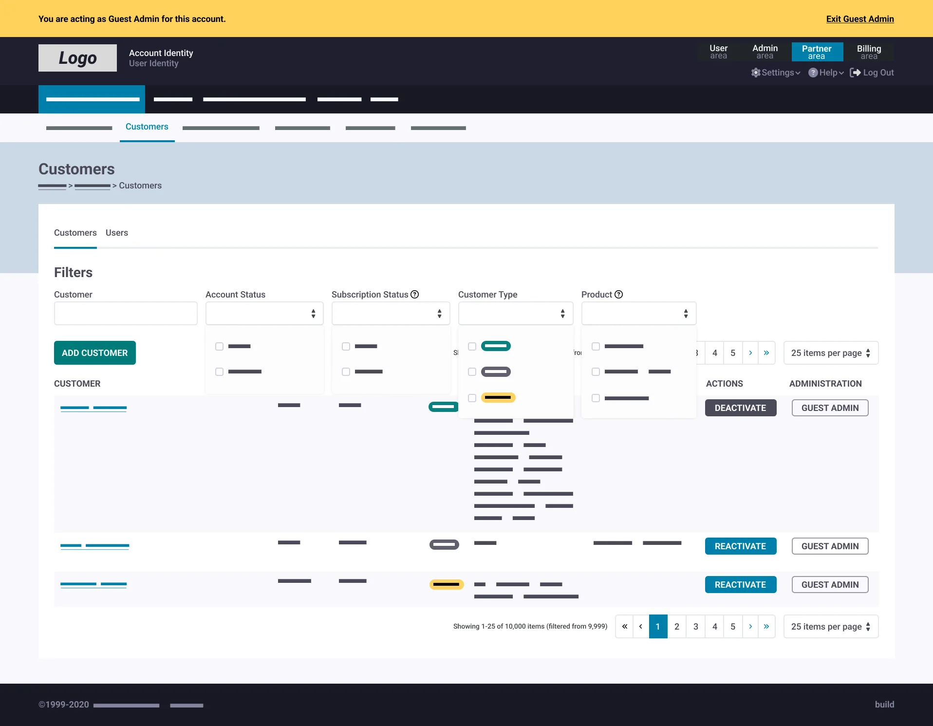 Customers admin: filter dropdowns and a 10,000-row account table with status badges.