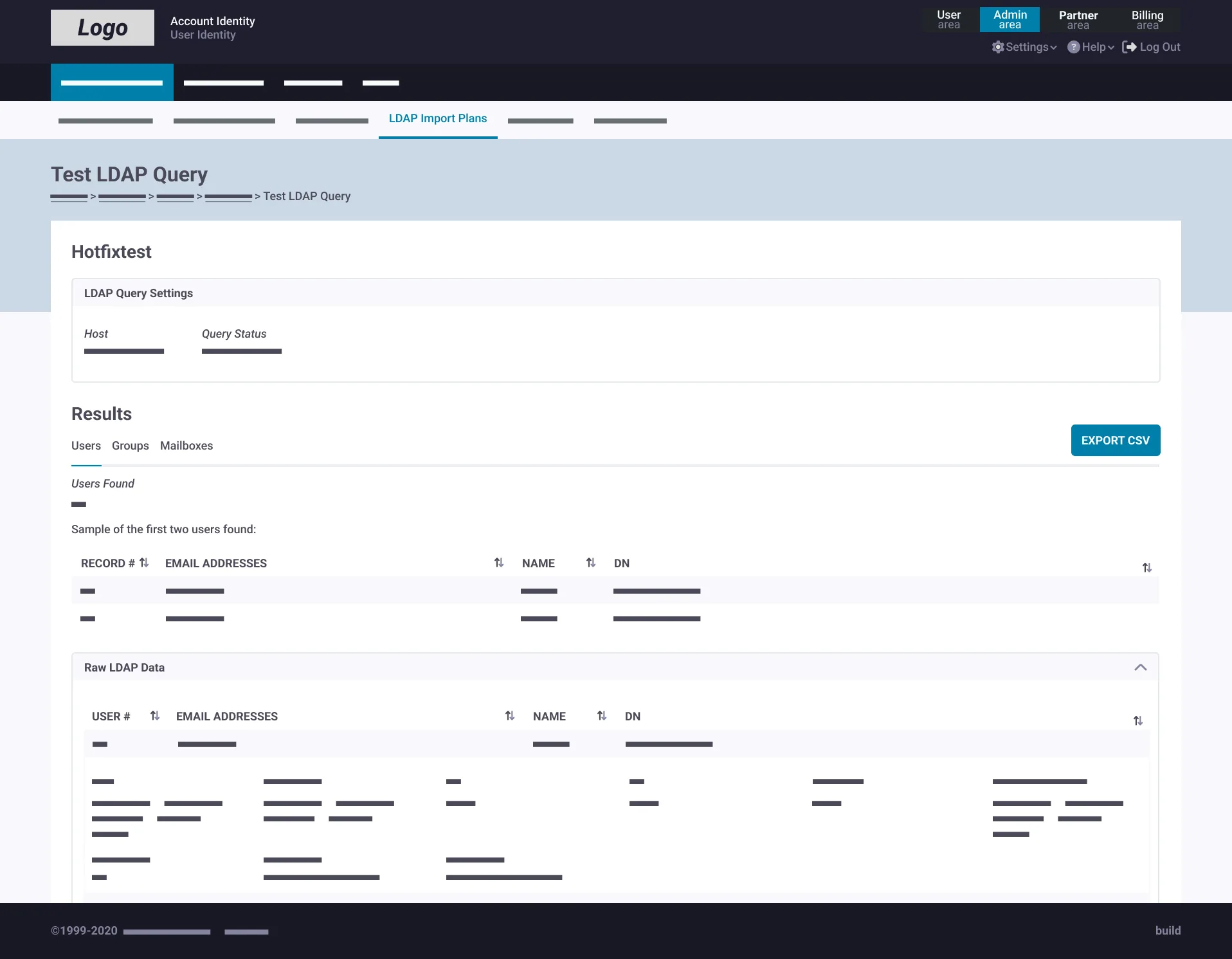 Test LDAP query page showing two imported users and expandable raw directory data.