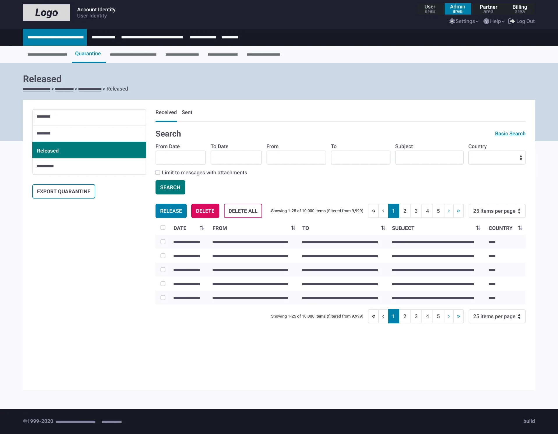 Quarantine released-mail screen with search filters and bulk release or delete actions.