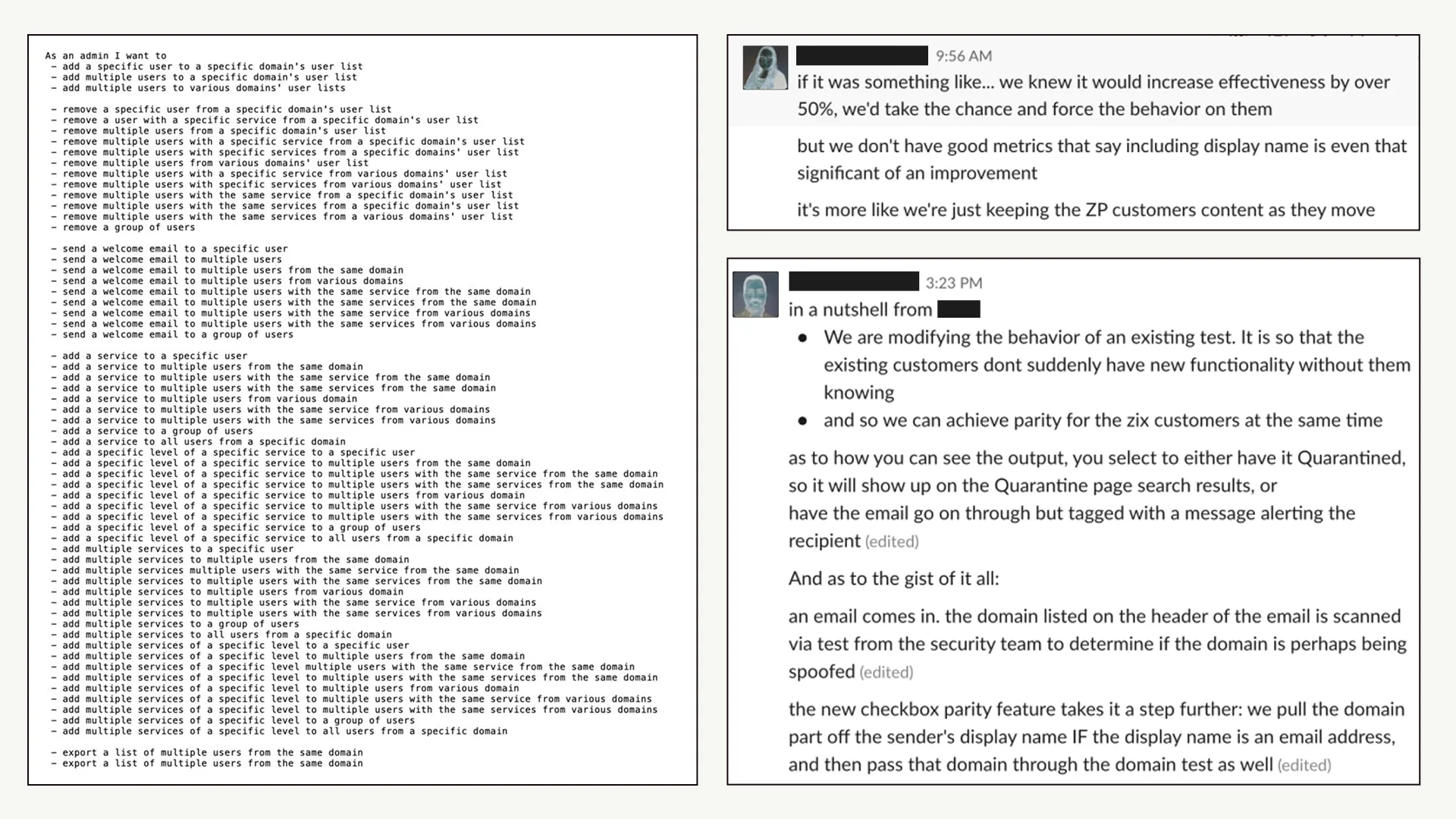 Admin user-story list beside Slack threads about display-name spoofing and customer parity.