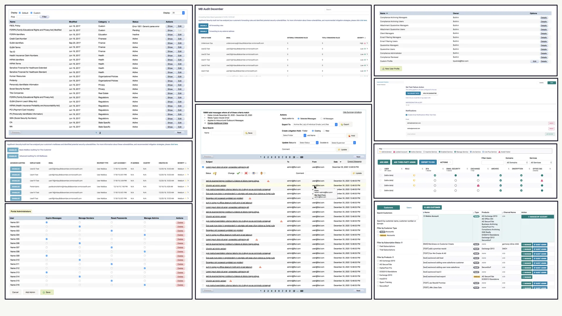 Nine admin screens: compliance policies, role profiles, message search, and user permissions.