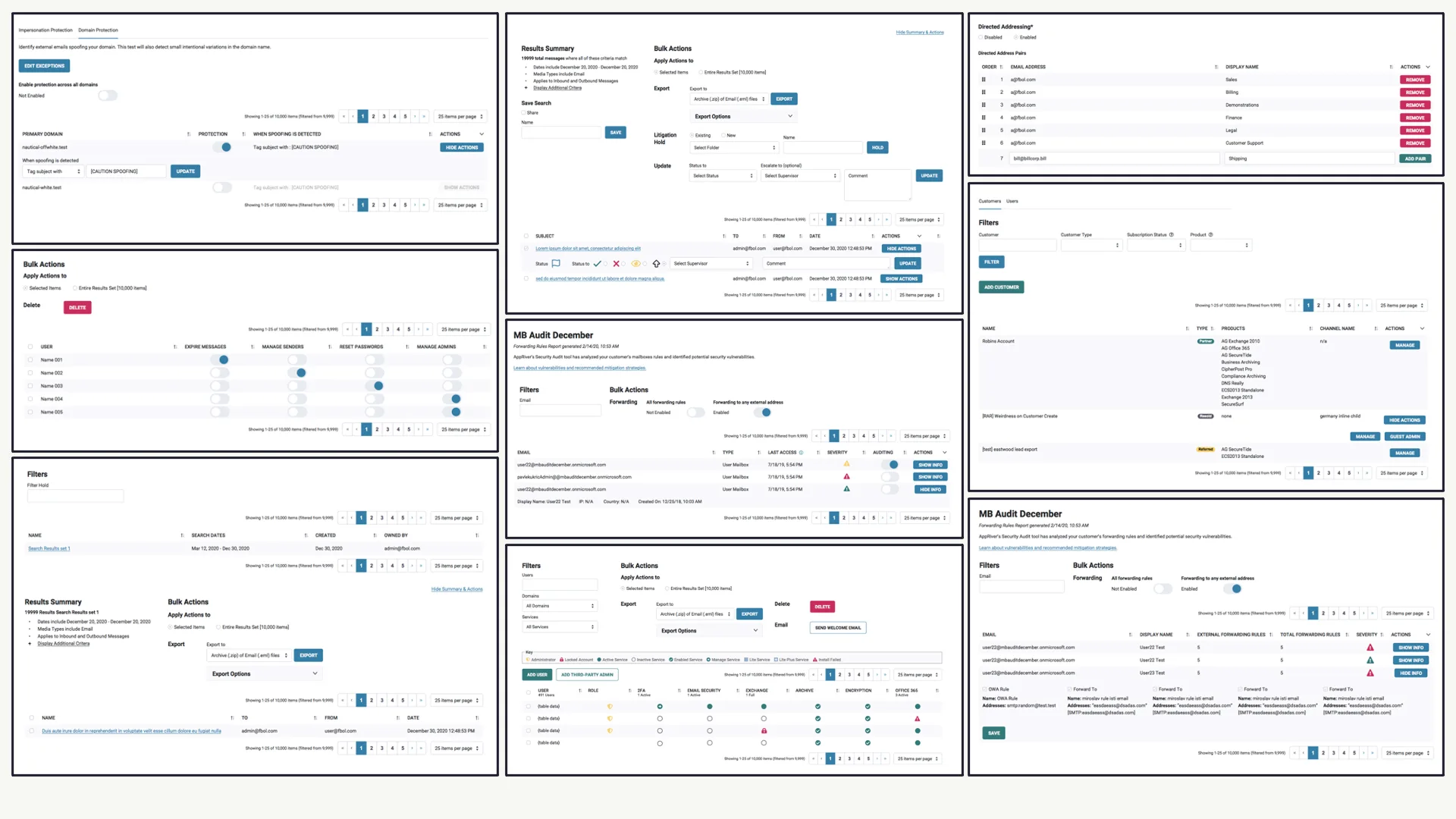 Nine admin panels: spoofing rules, message export, customer list, and forwarding-risk audit.