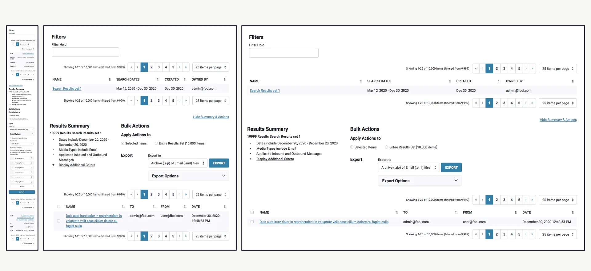 Message search and bulk export at mobile, tablet, and desktop breakpoints.