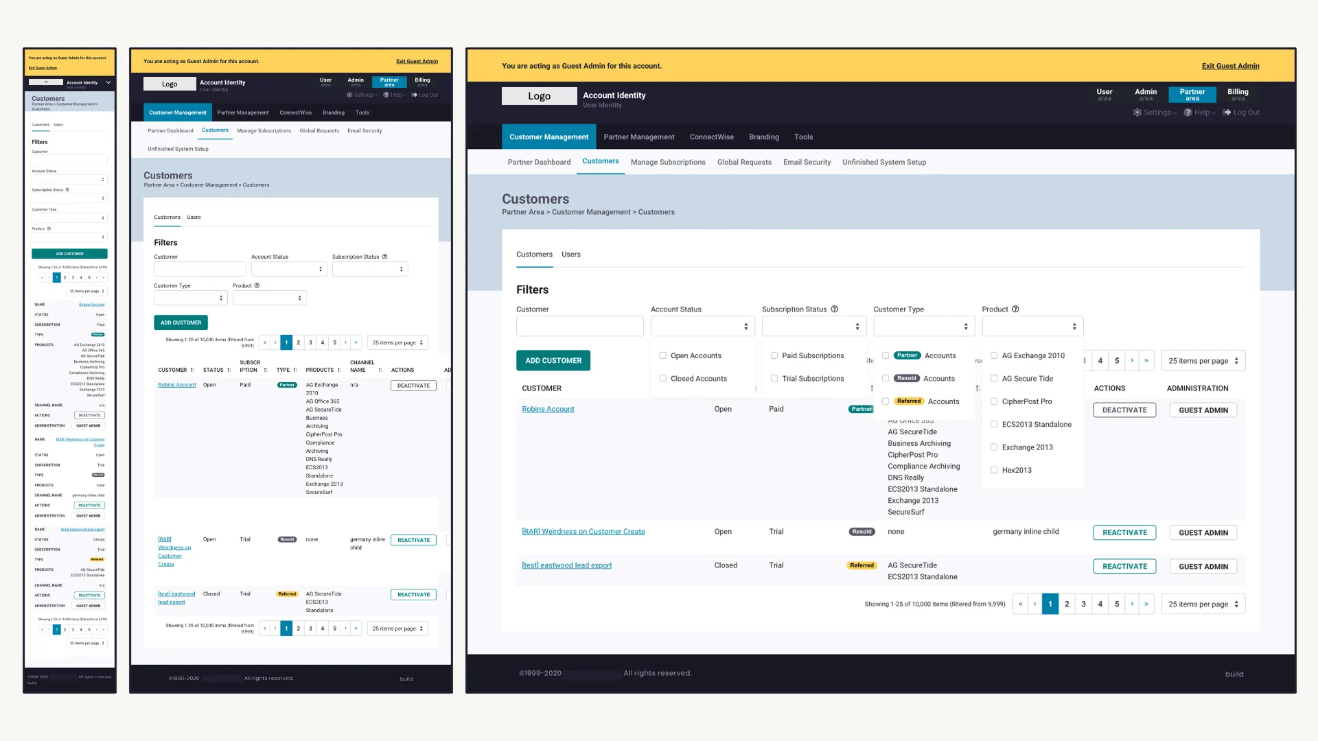 Partner customer list with filters and guest-admin banner at three screen sizes.