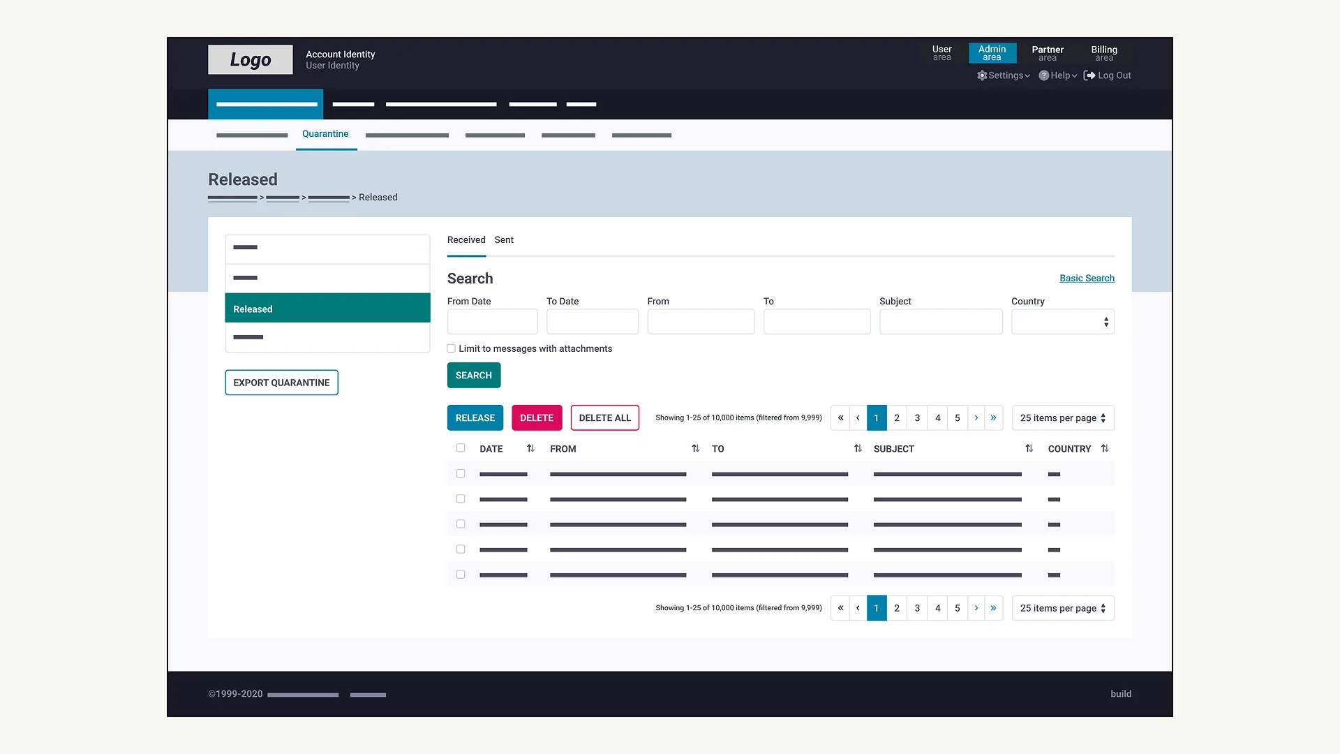 Quarantine released-mail screen with date and subject search plus bulk release or delete.