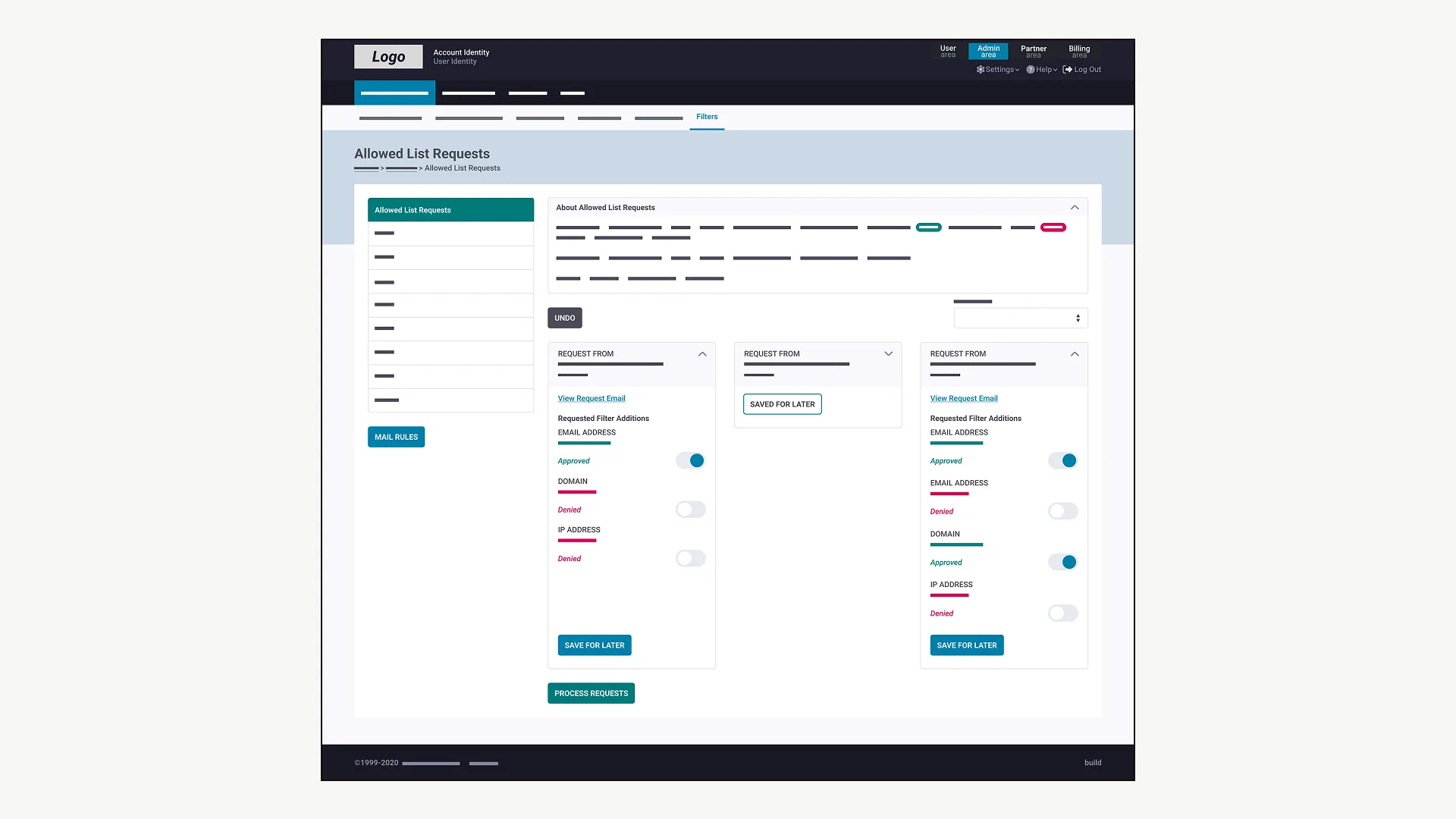 Allowed-list request cards with toggles to approve or deny each sender, domain, or IP.